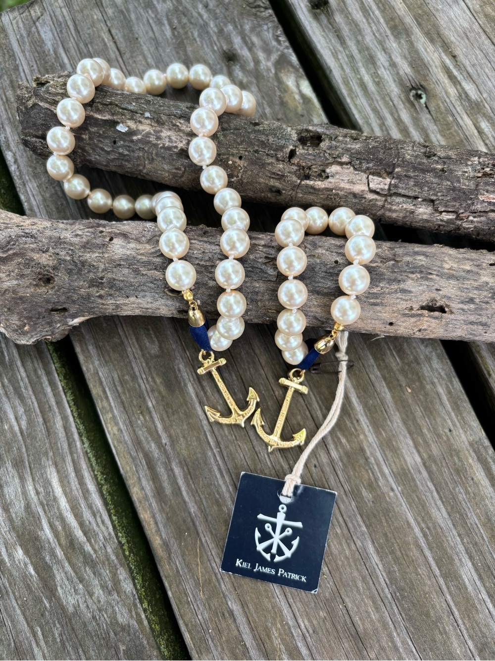 Kiel James Patrick Pearl Bead Necklace with Gold Anchor Charm and Navy Accent